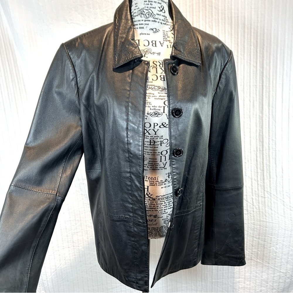 New York & Company Black Genuine Leather Button Close Jacket Classic Design